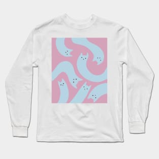 cat pattern aesthetic illustration pink blue Long Sleeve T-Shirt
